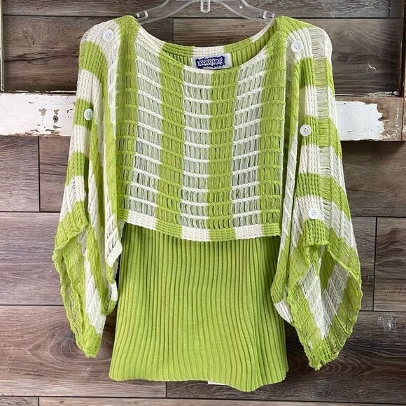 KOKOMO Size S/M Cotton Poly Blend Crocheted Knot Pullover Sweater Green White - Picture 1 of 9